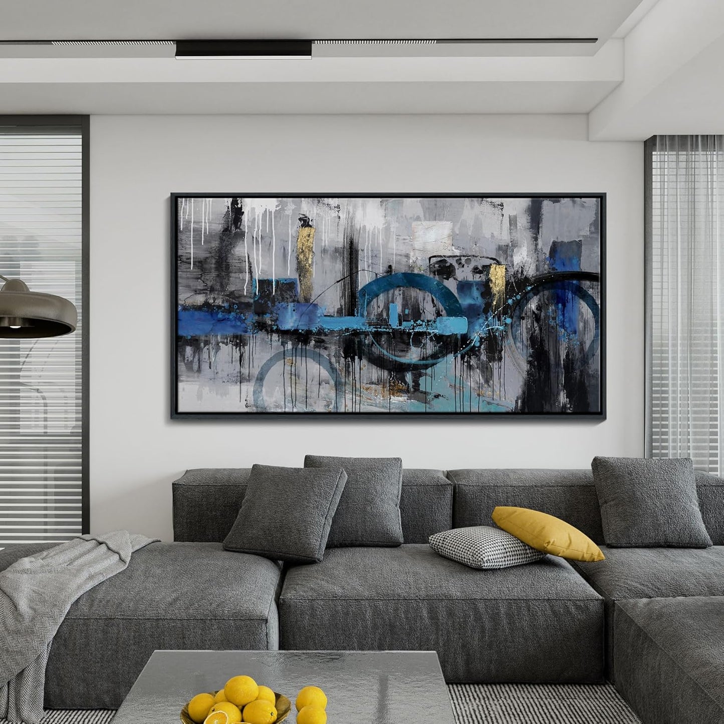 KLAKLA Large Abstract Wall Art Canvas - Blue and Gray Lnk Style Gold City Scenes Wall Decor Living Room Bedroom Decoration Black Frame Picture Artwork for Wall Modern Landscape Wall Decor