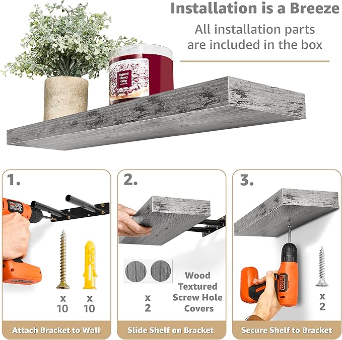 Sorbus Floating Shelves for Wall - 24" Bathroom Shelves, Wall Decor for Bedroom, Kitchen, Living Room, Home Decor & Book Storage - Mounted Floating Shelf with Invisible Brackets (Gray, 3 Pack)