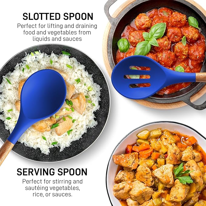 Zulay Kitchen Non-Stick Silicone Cooking Utensils Set with Acacia Wood Handles - 5 Piece Set - Heat Resistant to 464F - Dark Blue