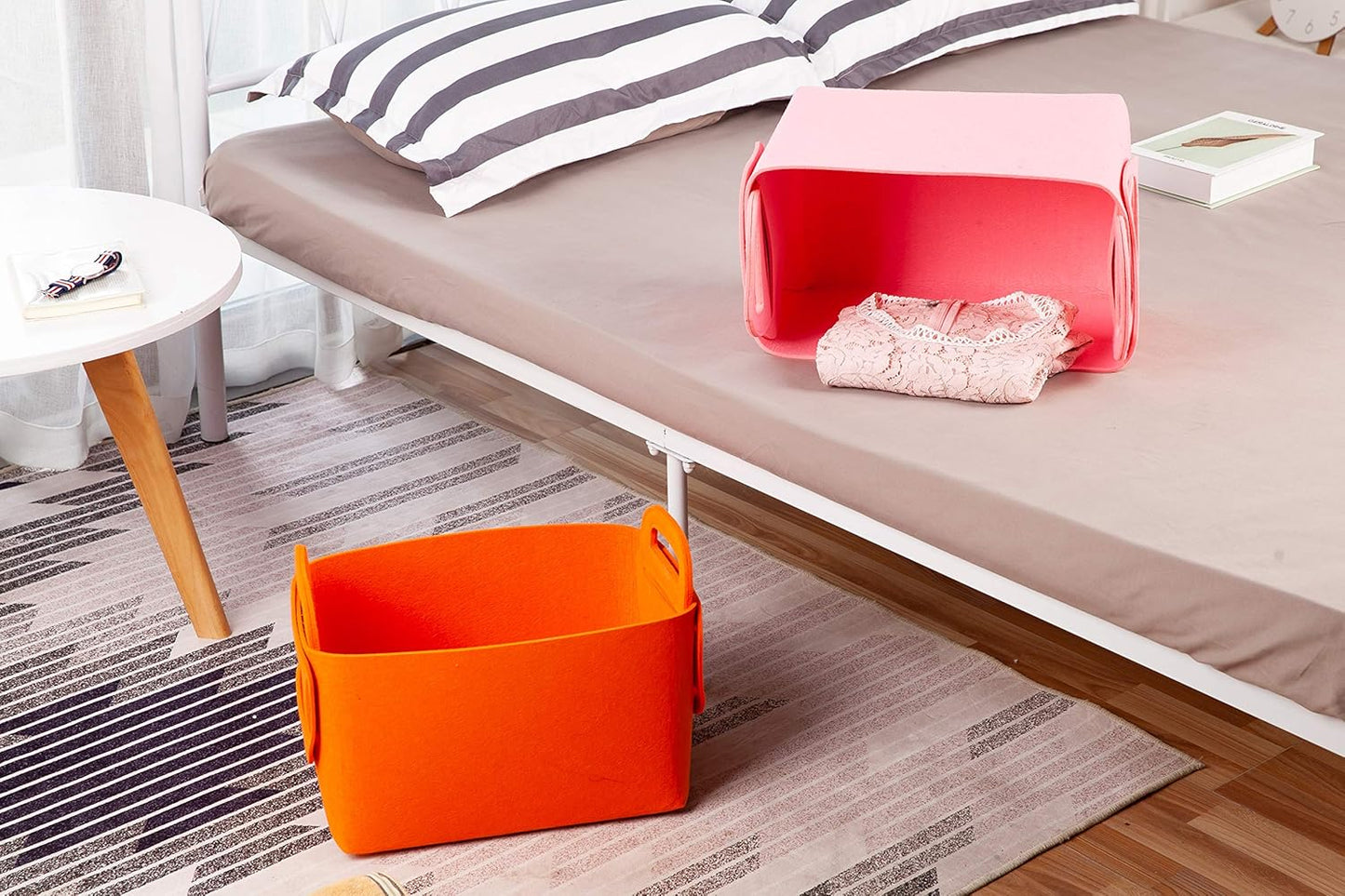 Minoisome Storage Basket Felt Storage Bin Collapsible& Convenient Box Organizer with Carry Handles for Office Bedroom Closet Babies Nursery Toys Laundry (Orange, 13.8inch（L）×9.5inch（W）×8.3inch（H）)