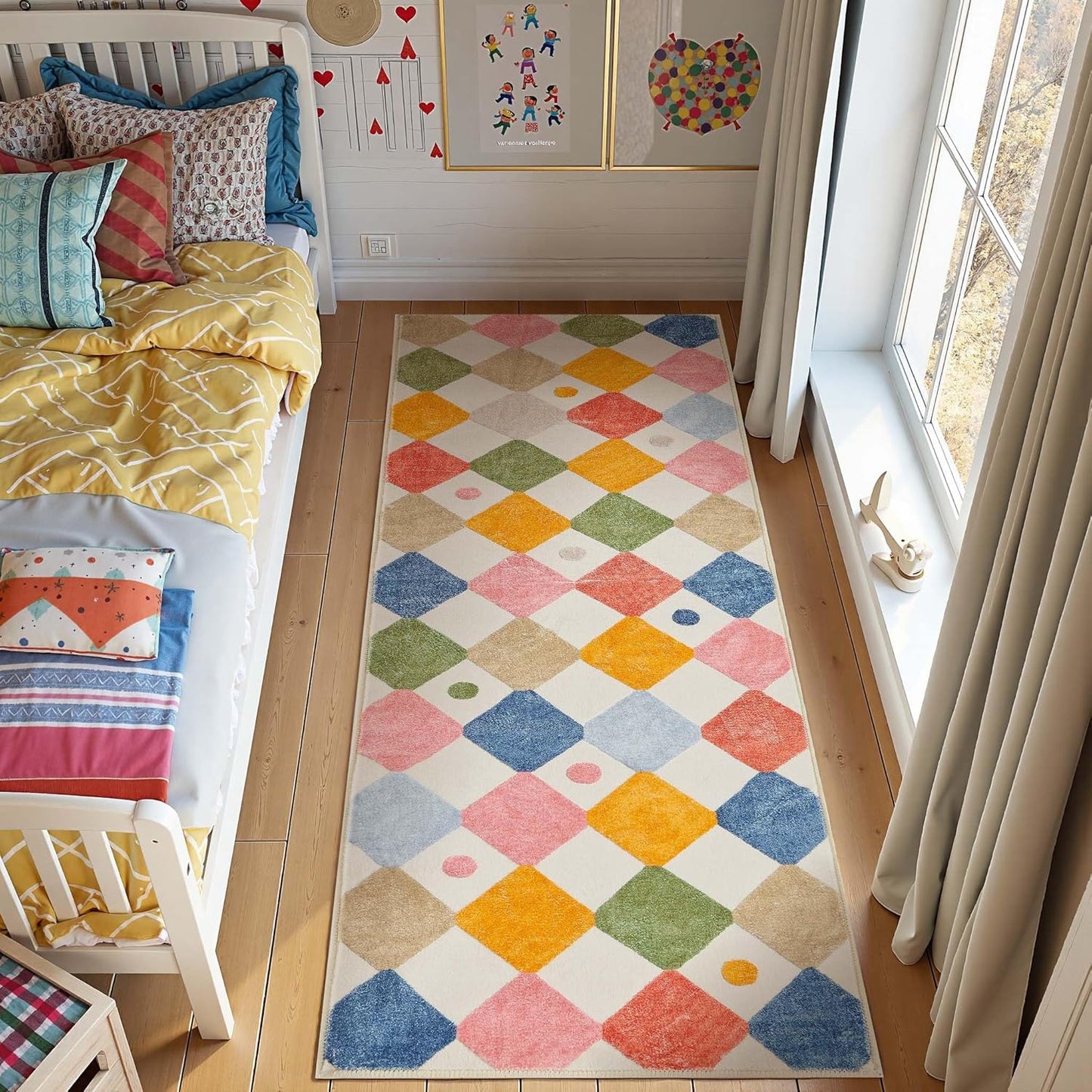 jinchan Runner Rug 2x5 Kids Hallway Washable Rug Indoor Soft Non Slip Modern Diamond Carpet for Nursery Room Bedroom Kitchen Laundry Room Circus on Cream