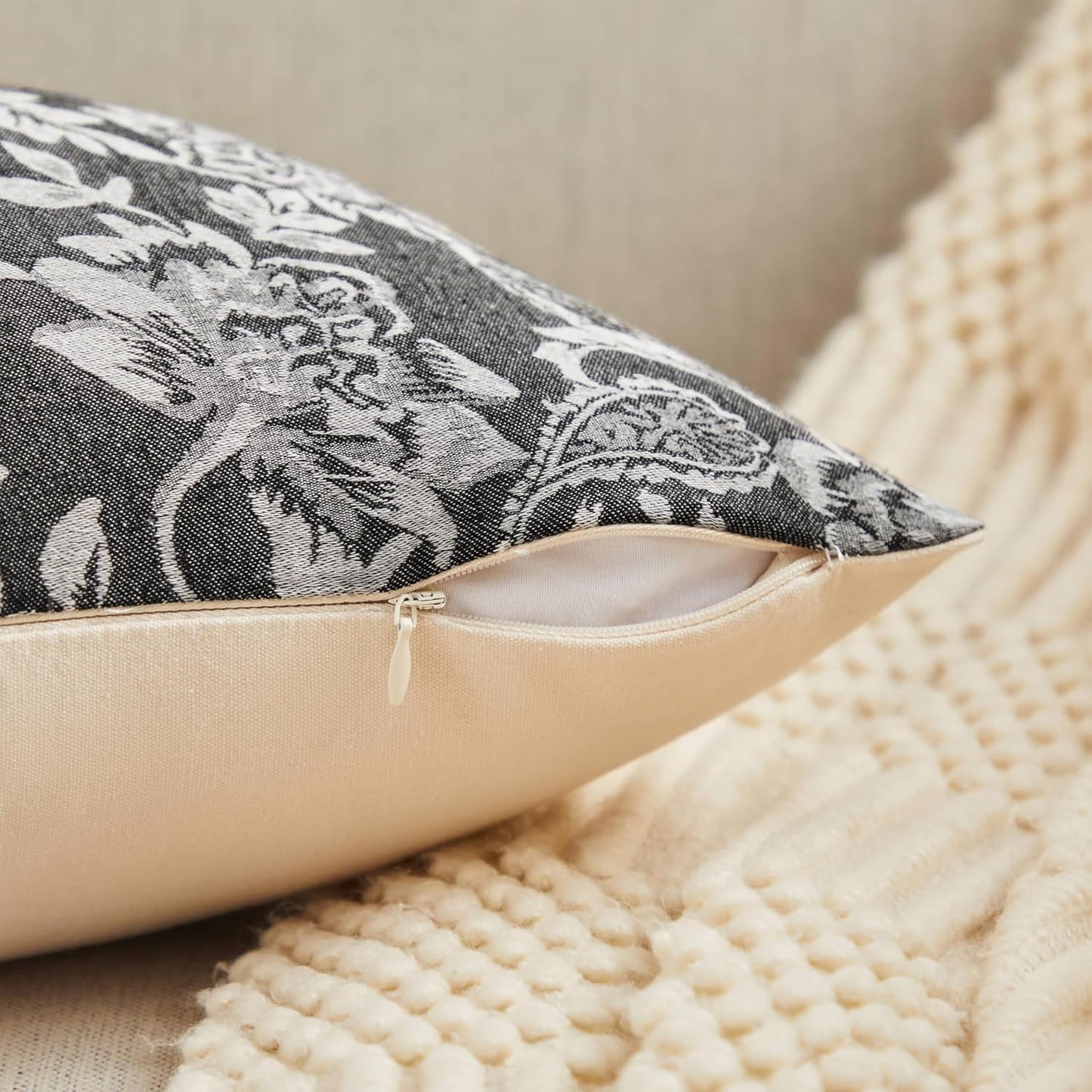 Floral Jacquard Throw Pillow Covers Set of 2, Background/Charcoal 24x24 Inch, Farmhouse Decorative Cotton Dark Grey Cushion Covers for Sofa Bed Living Room Home Decor