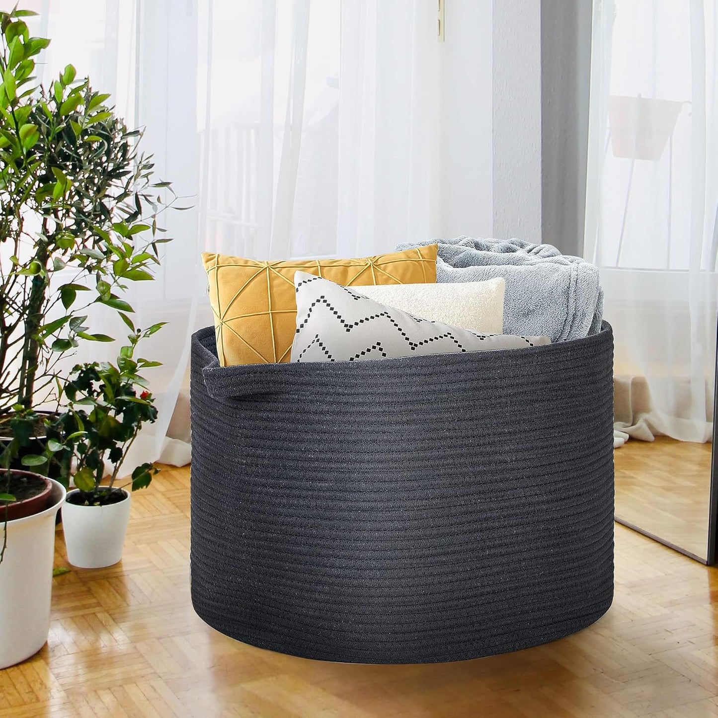 Ravinte Blanket Basket - 20"x 20"x 13" Cotton Rope Basket for Living Room, Baby Toy Storage Basket, Large Woven Laundry Basket (Black)