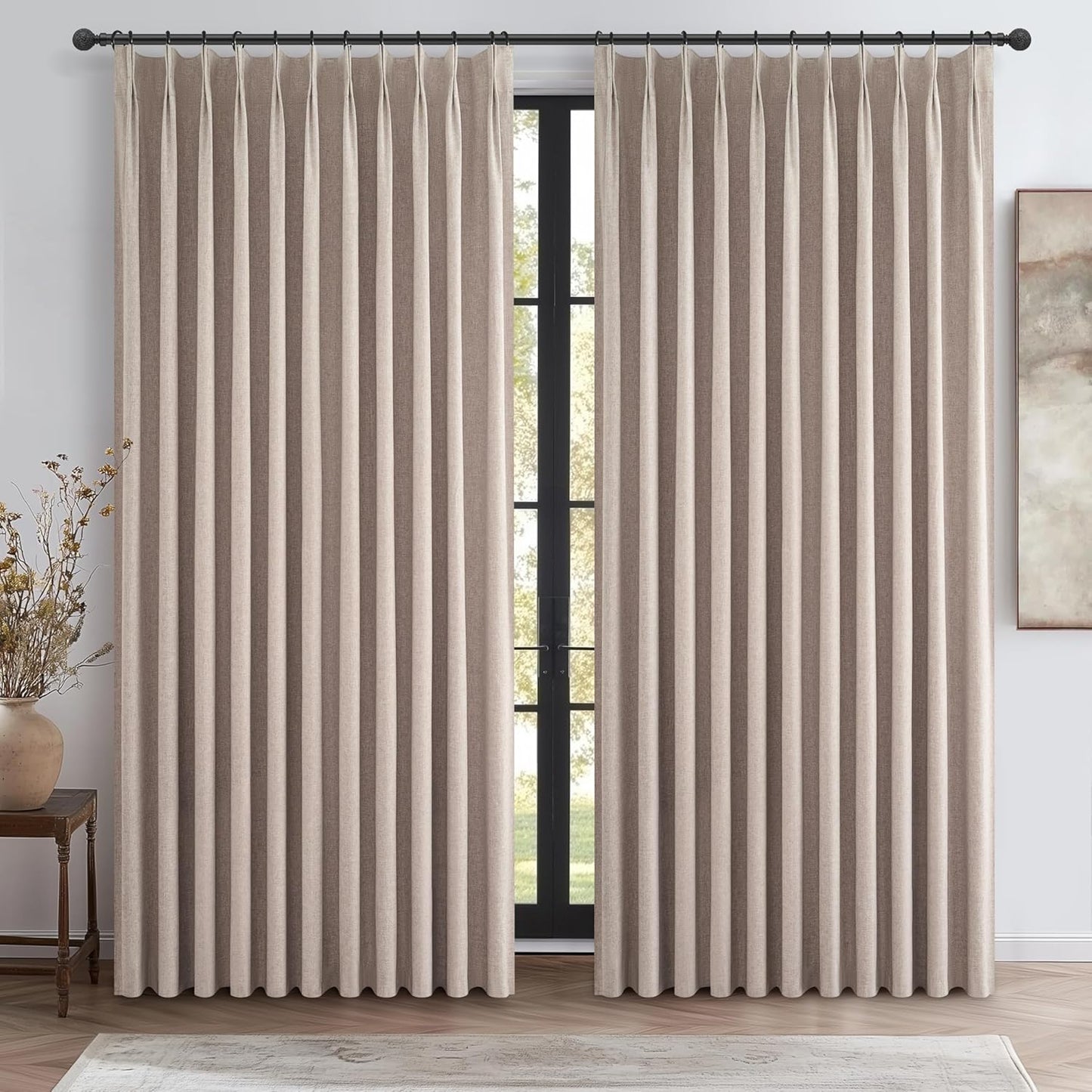 Extra Wide Thick Burlap Blackout Patio Door Curtains for Sliding Glass Door 2 Panels Set, Farmhouse Boho Pinch Pleated Flax Linen Blend Energy Efficient Bedroom Window Large Drapes (70"Wx84"L)