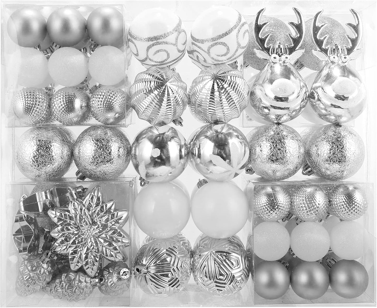 100 Pack Christmas Ball Ornaments,Silver and White Plastic Christmas Balls Shatterproof Christmas Tree Decorations in Indoor,Holiday Xmas Tree Decor Hanging Baubles Balls