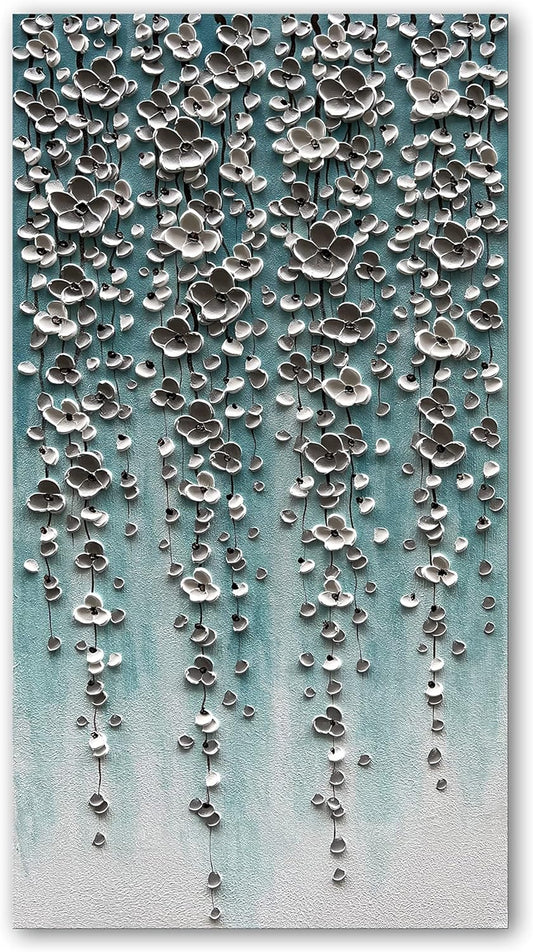 Epicler Large-Scale Oil Painting on Canvas Wall Art,46x23 inches Hand-Painted White Flower Wall Painting, Abstract Canvas Wall Art for Home Wall Decoration