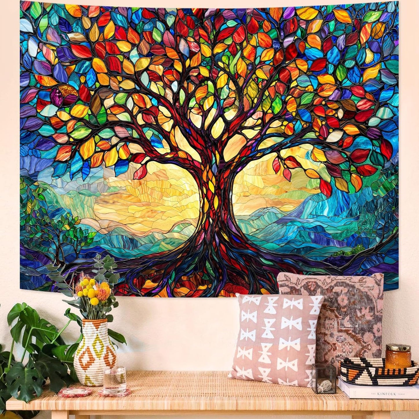 Lunerfex Tree of Life Tapestry Stained Glass Tapestry Wall Decor Tapestries for Bedroom Art Tapestries Wall Hanging for Bedroom Living Room Glass-Tree-01 44"x60"