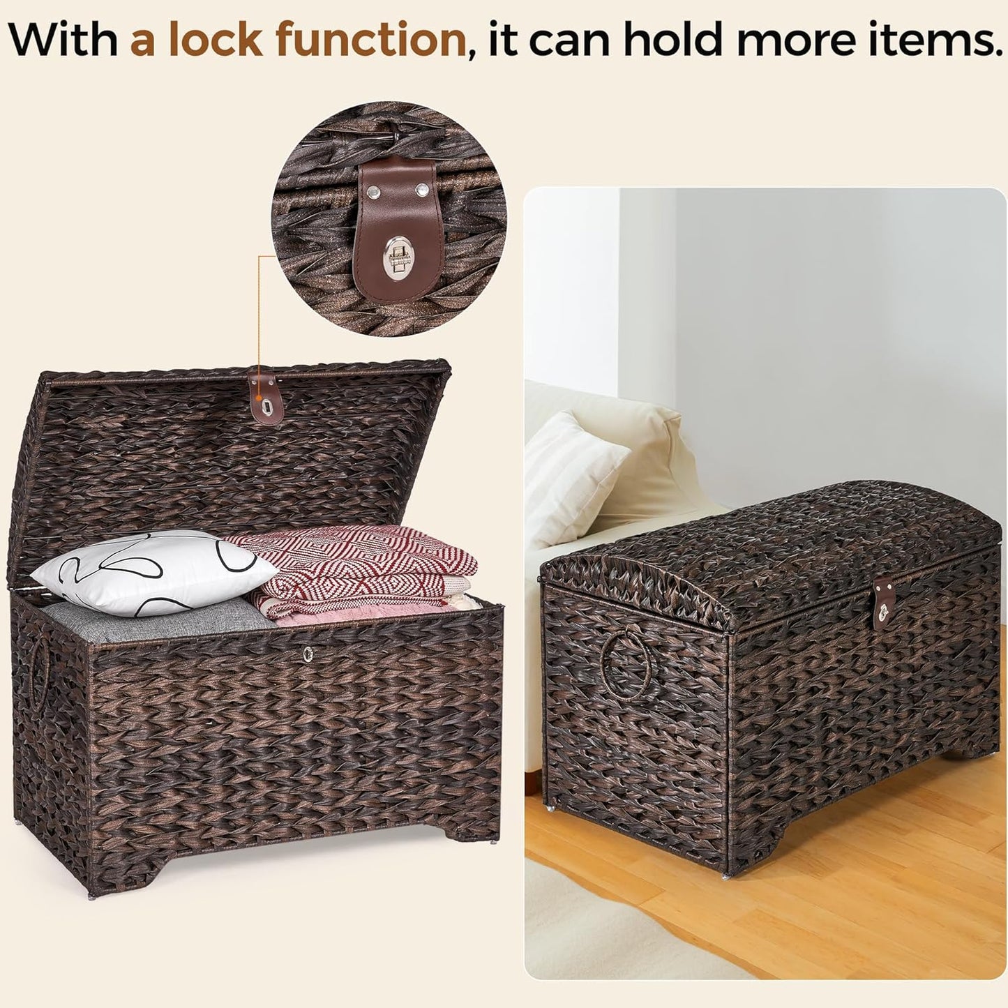 Handwoven Storage Basket with Lid, 178L Plastic Rattan Storage Bin, Leather Buckle & Metal Frame, Large Metal Ring Handles, Storage Trunk for Bedroom, Laundry Room