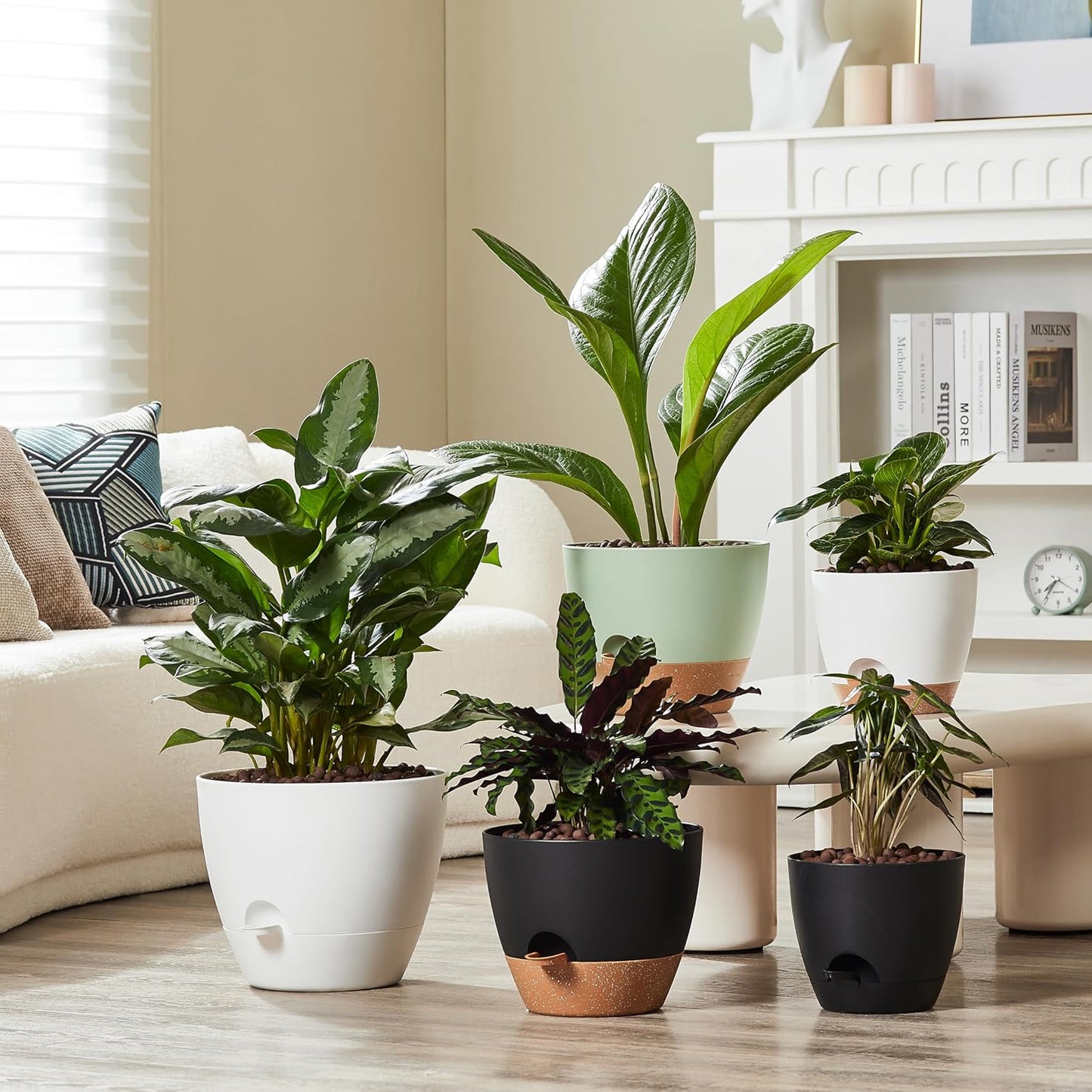 FaithLand 3-Pack Large Planter Pots, 12 10 9 Inch Self Watering Flower Pots for Indoor Outdoor Garden Plants, White with Brown