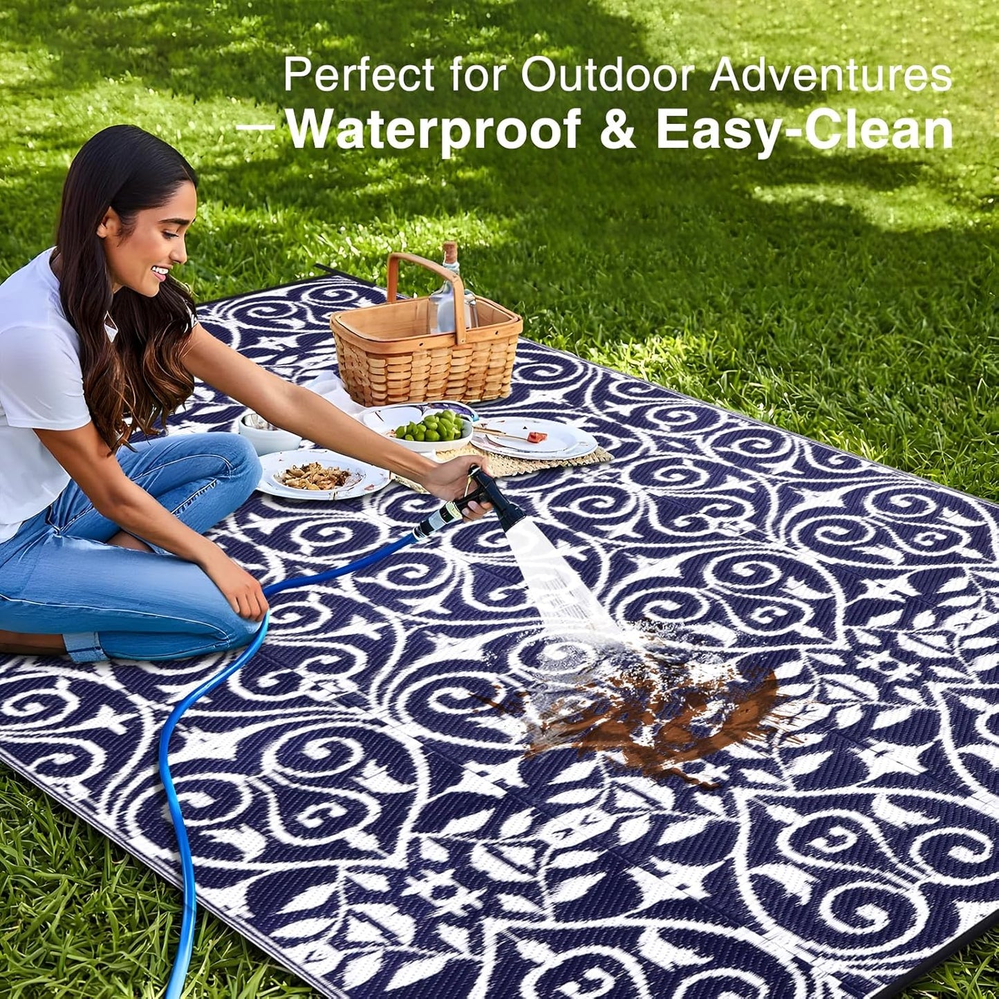 OLANLY Outdoor Rug Waterproof 6x9 ft Clearance, Reversible Outdoor Plastic Straw Rug with Floral Pattern, RV Mat for Patio, Camping, Balcony, Deck, Backyard, Navy & White