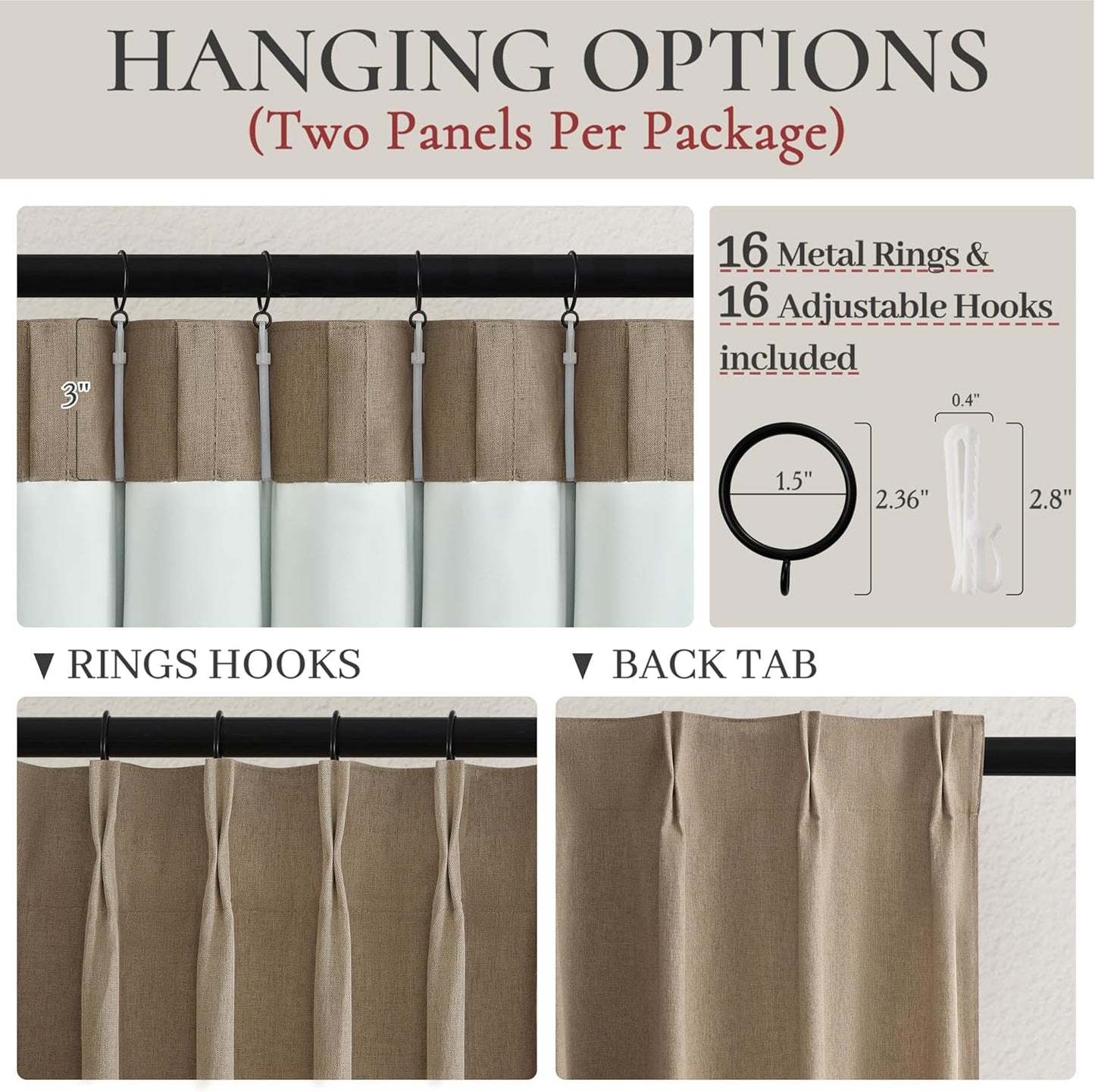 RustBrown Linen Pinch Pleated Blackout Curtains & Drapes 96 Inch Long Bedroom/Livingroom Farmhouse Curtains 2 Panel Sets, Neutral Track Room Darkening Thermal Insulated 8ft Back Tab Window Curtain