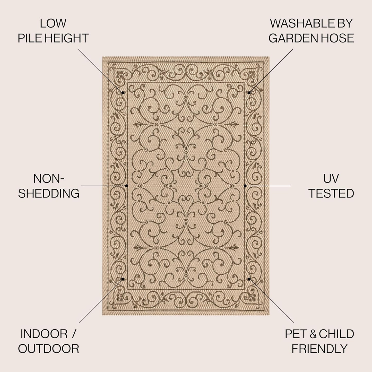 JONATHAN Y Vintage Filigree Indoor Outdoor Area Rug 8X10 Beige/Brown, Charleston Textured Weave for Backyard, Patio, Porch, Easy-Cleaning, High Traffic, Pet-Friendly, Non-Shedding (SMB106A-8)