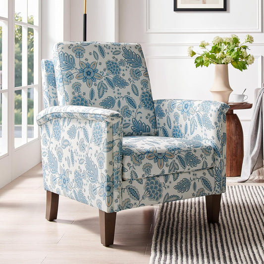Floral Accent Chair, High Back Upholstered Armchair with Solid Wooden Legs, Padded Armrest and Removable Comfortable Cushioned Seat Single Sofa for Living Room, Bedroom, Blue