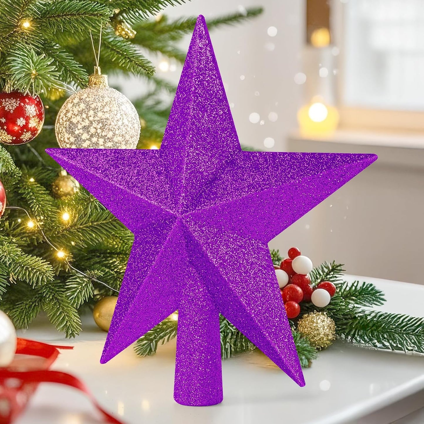 Christmas Tree Decor, 8" Purple Star Christmas Tree Topper Decorations, Xmas Glitter 3D Bethlehem Tree Ornament, Waterproof Holiday Christmas Tree Topper Star Accessories for Home Indoor Outdoor
