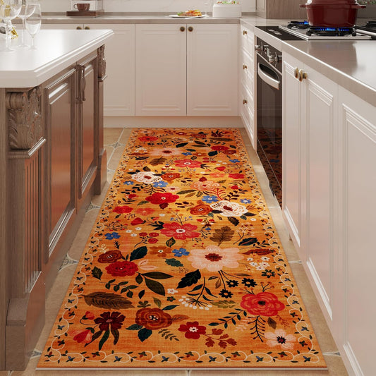 Runner Rug for Kitchen Rug Non Slip 2'x 6' Washable Rugs with Rubber Backing Soft Floral Carpet Runner for Hallways, Kitchen, Laundry, Bedroom, Bathroom(Yellow)