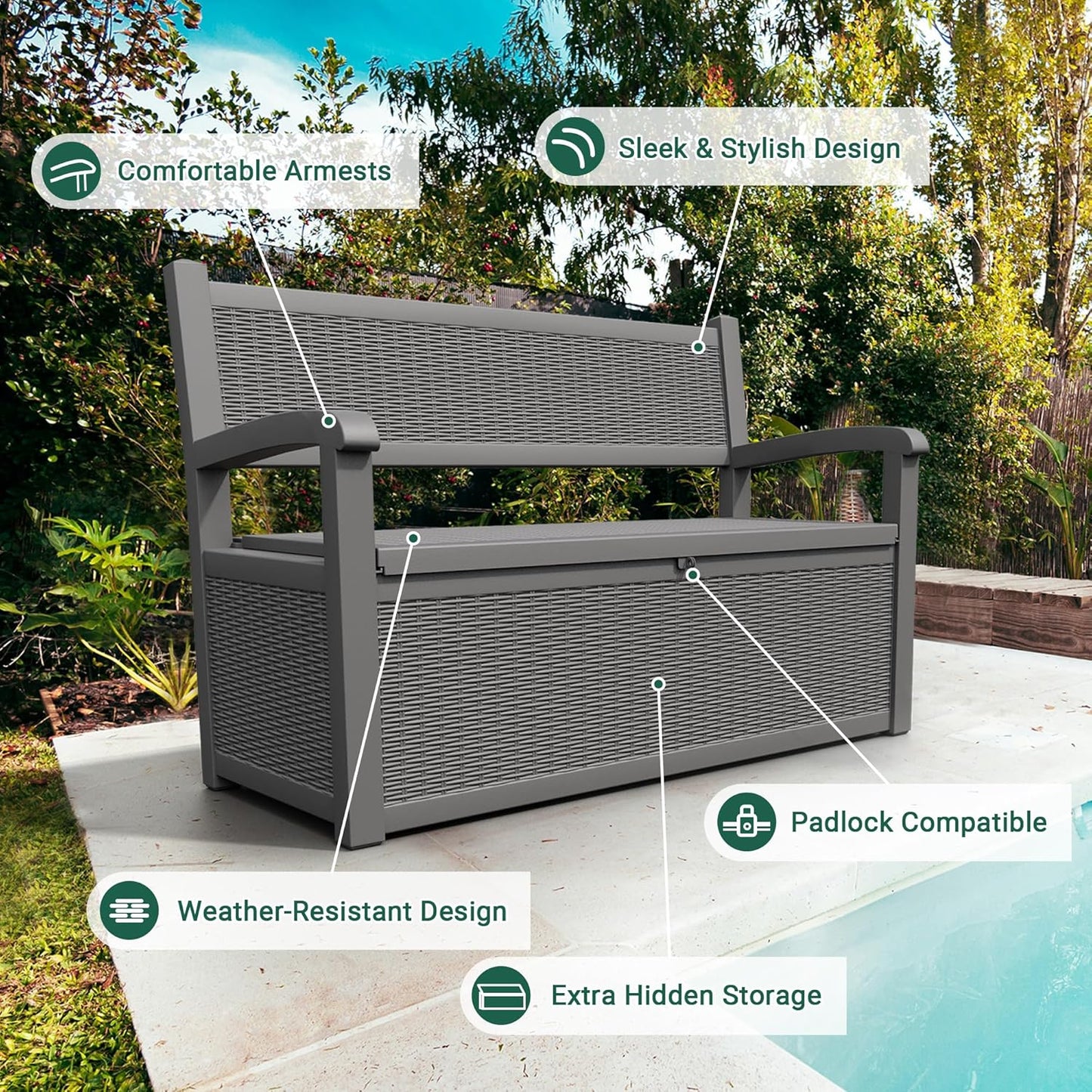 70 Gallon Deck Bench with Storage,Outdoor Storage Box Bench Waterproof&Lockable, Resin Patio Furniture with Armrest for Patio, Porch, Garden,Grey