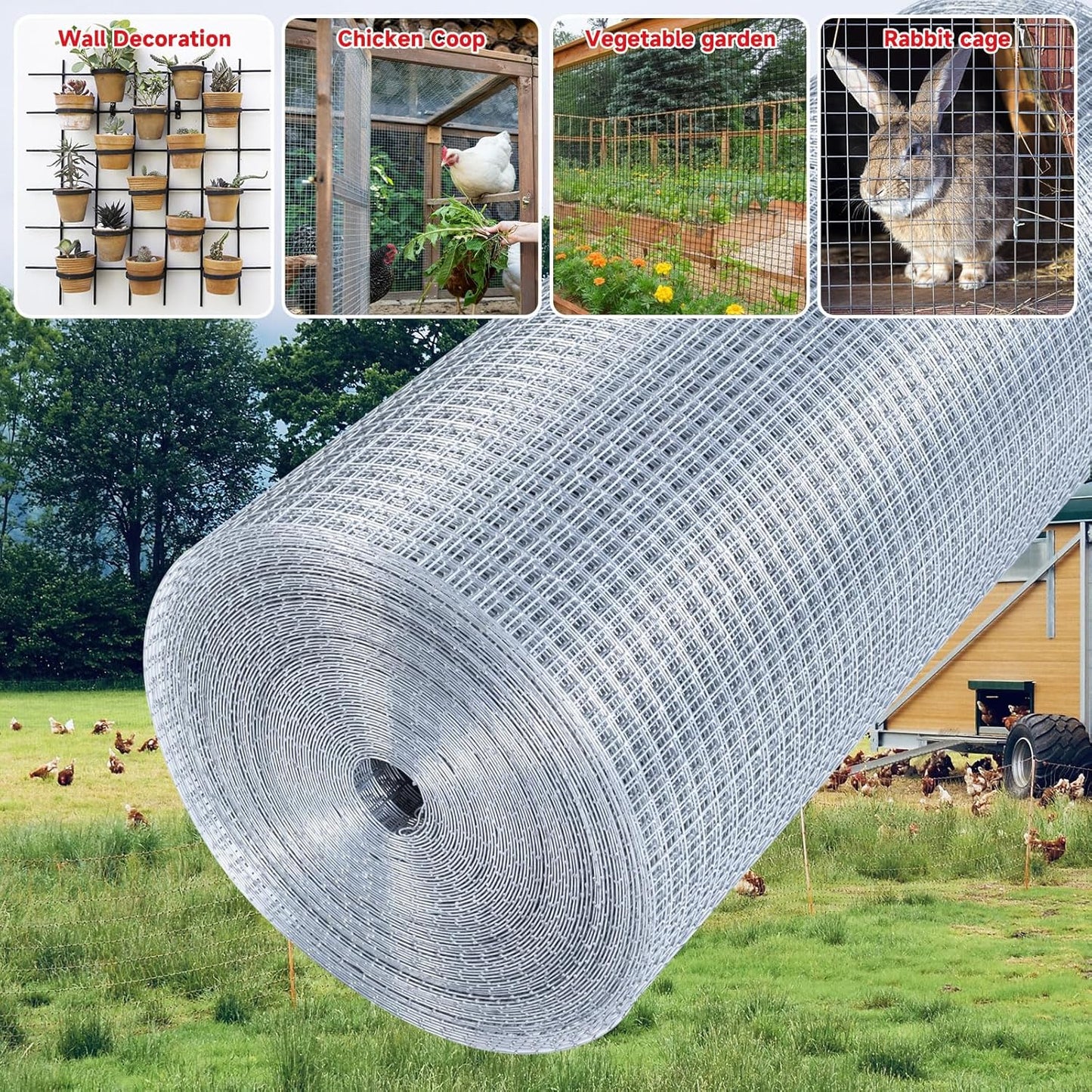 Hardware Cloth,1/2inch 24inx50ft 19 Gauge,Double-Layer Hot-Dip Galvanizing After Welding,Chicken Wire Fence Wire Mesh Fence Poultry Netting Garden Fence Tree Guard Rolls