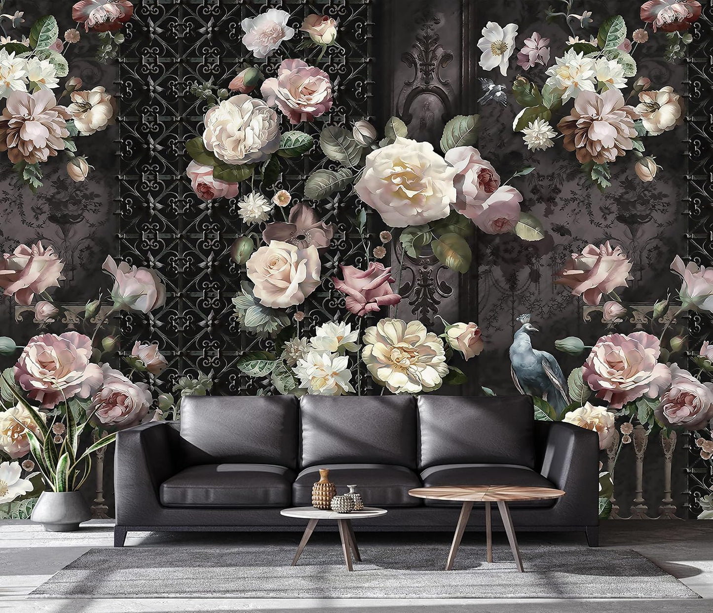 Cliouar-Black Fence Bird Peacock Pink Yellow White Rose 3D Mural Wallpaper Bedroom Living Room Decor Peel and Stick 98" x 58"
