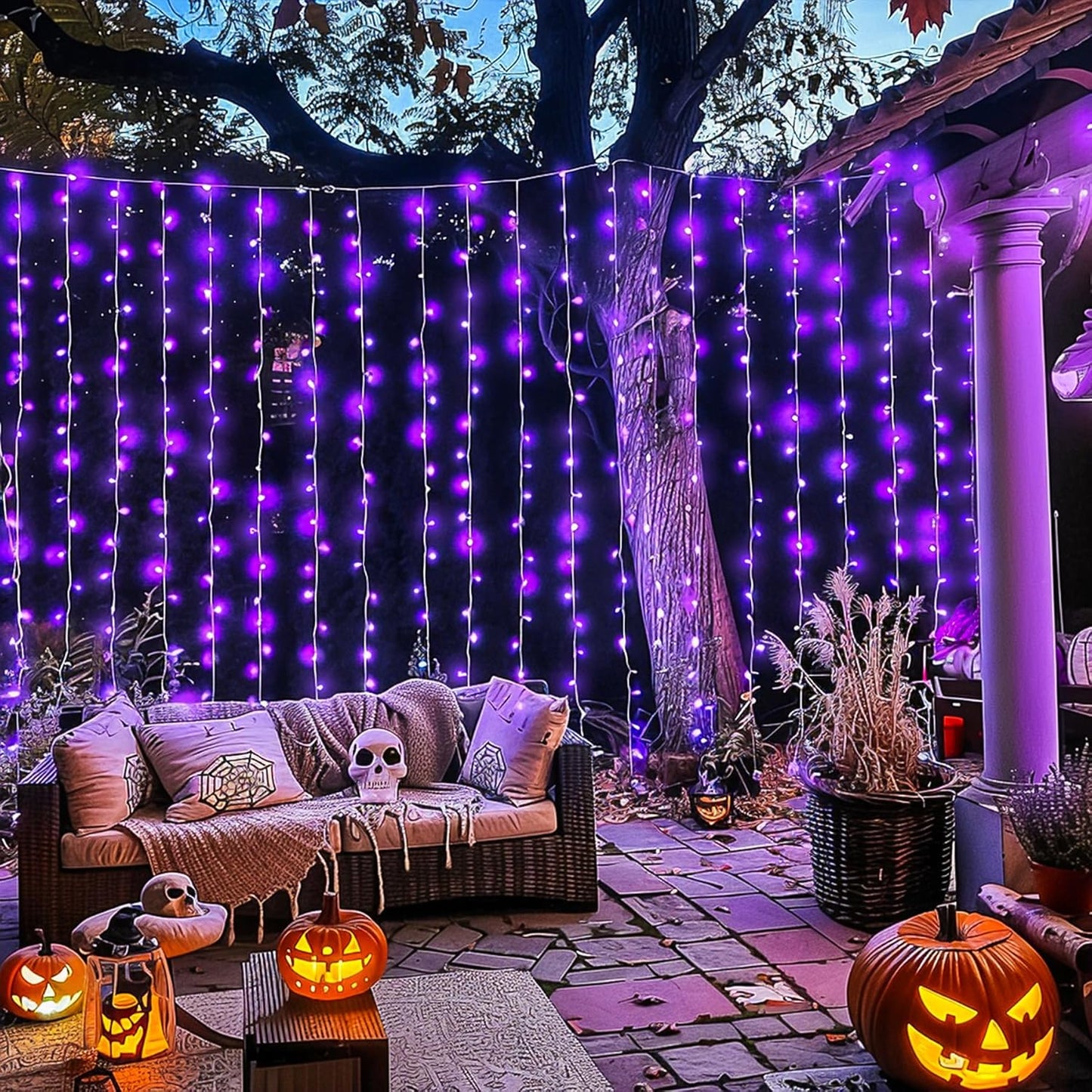 JMEXSUSS 300LED Purple Halloween Lights with Remote, Curtain Hanging Light Plug in, 8 Modes Purple String Lights for Bedroom Window Wall Party Backdrop Christmas Halloween Decorations
