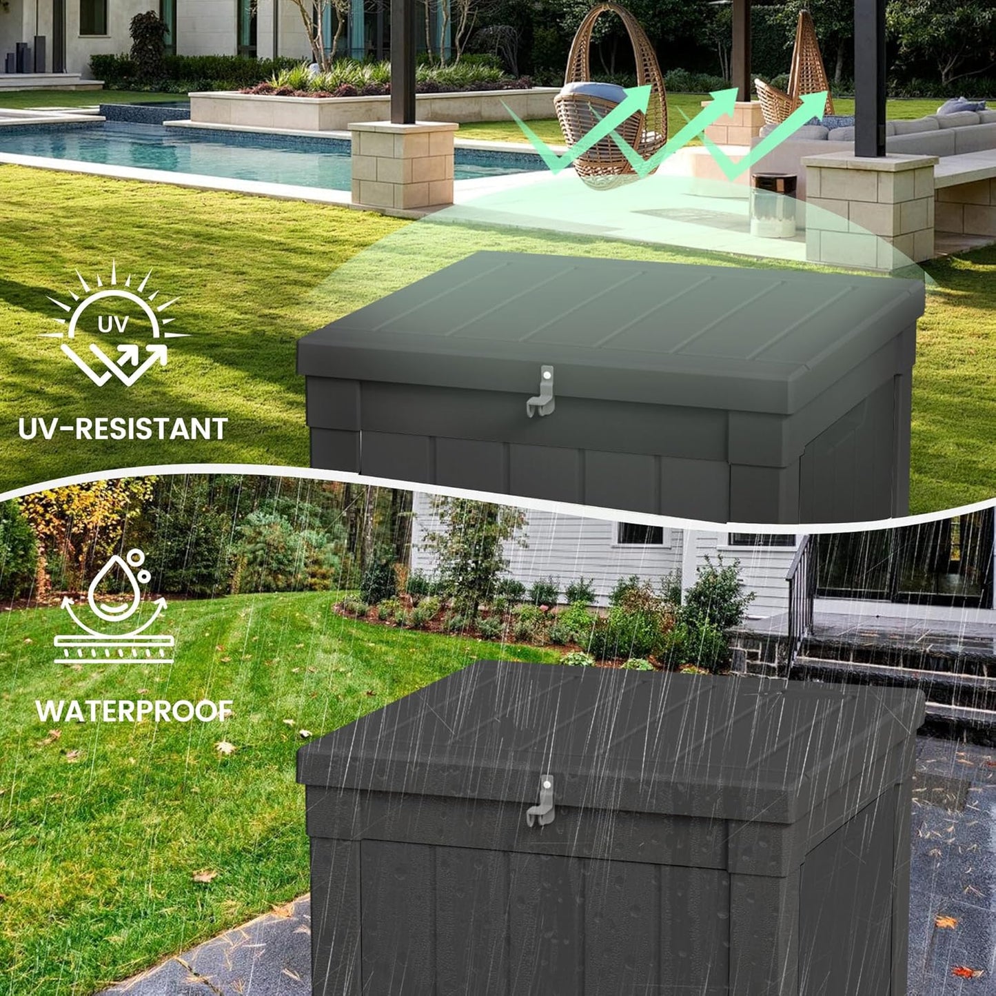 50 Gallon Storage Box, Waterproof Deck Box for Indoor & Outdoor Use, Lockable Pool Storage Bin for Package Delivery, Outdoor Bench for Patio Cushions, Garden Tools, Backyard, Black