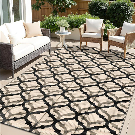 OLANLY Reversible Outdoor Rug 5x8 ft Clearance, Waterproof Outdoor Plastic Straw Rug with Interlacing Pattern, RV Mat for Patio, Camping, Balcony, Deck, Backyard, Black & Beige