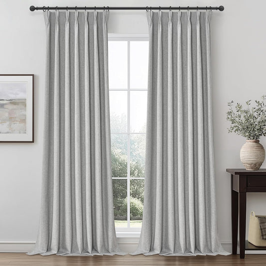 Pinch Pleated Light Grey Floor to Ceiling Curtains 102 Inch Long for Sliding Glass Door 2 Panels Set, Blackout Thick Linen Memory Shape Window Drapes with Back Tab for Dining Room 102 Inches Gray Burg