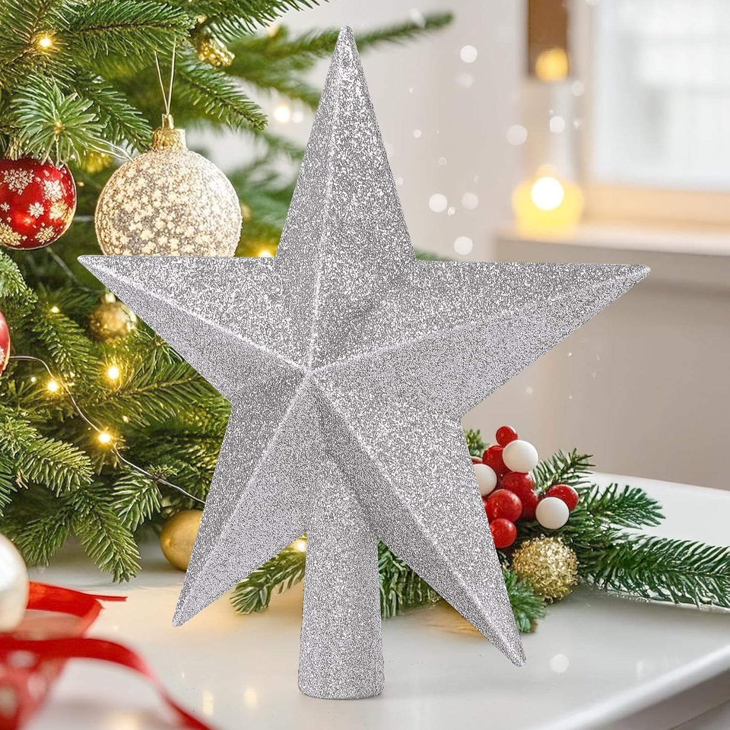 Tree Topper Star, 8" Silver Christmas Tree Topper with Glitter, 3D Bethlehem Star Xmas Tree Topper Decorations, Waterproof Shatter-Proof Tree Decoration for Christmas Holiday Home Indoor and Outdoor