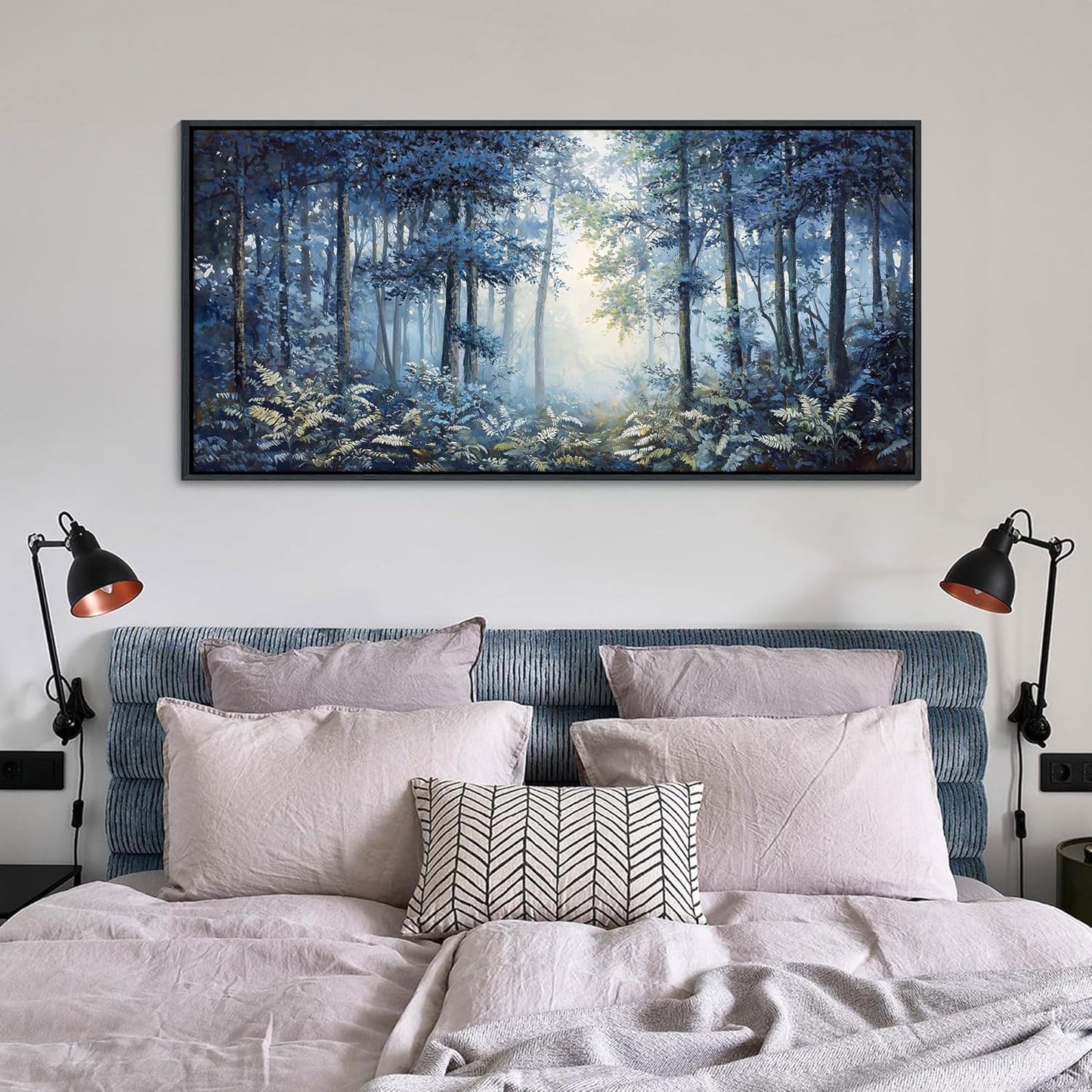 Forest Canvas Wall Art for Living Room - Navy Blue Bedroom Wall Art, Landscape Pictures Wall Decor, Forest Painting, Framed Nature Tree Artwork Walls 24×48IN