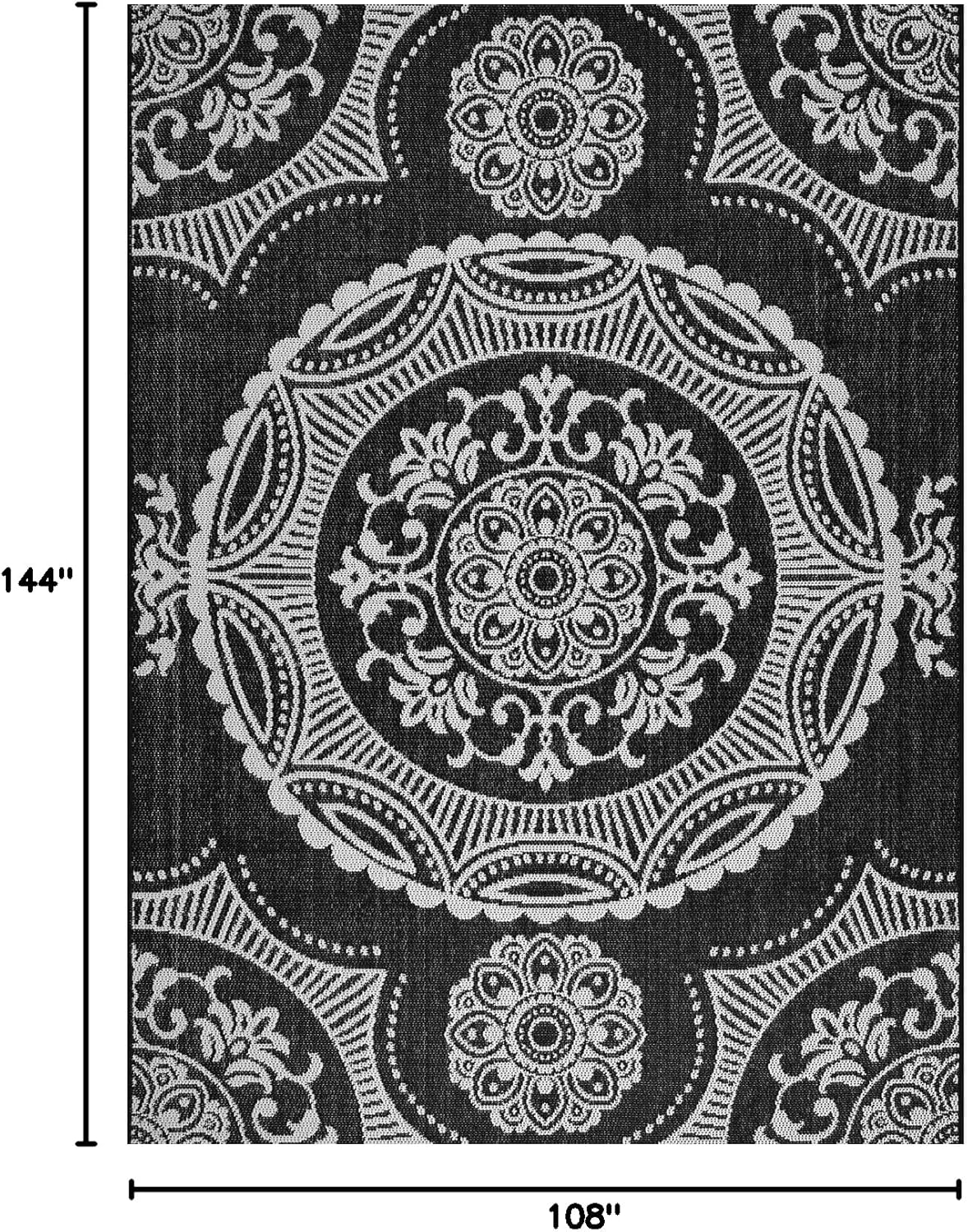 Medallion Outdoor Rug 9x12 Washable Outside Carpet for Indoor Patio Porch Waterproof Easy Cleaning Non Shedding Area Rugs Black 9 x 12