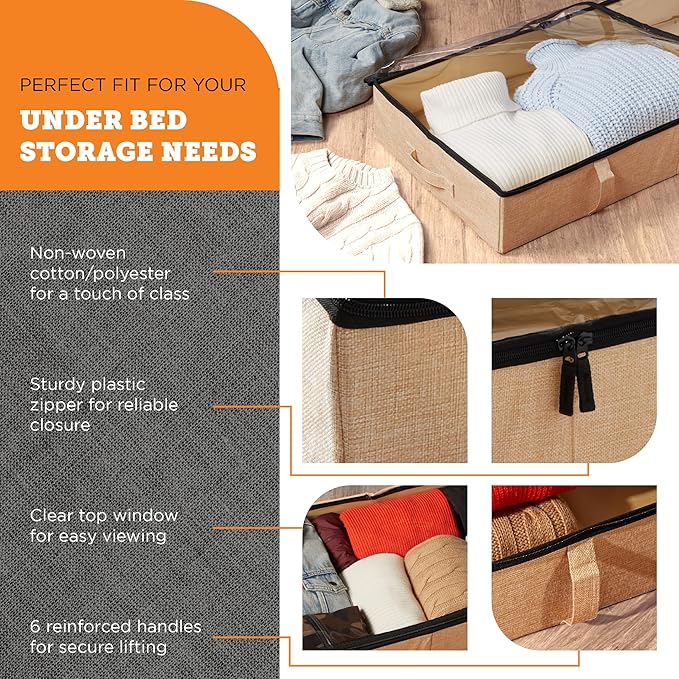 storageLAB Under Bed Storage Containers, Closet Organizers with Sturdy Handles for Clothes, Comforters, and Accessories, Use Under or at the End of the Bed - 2 Pack, Reinforced, Beige