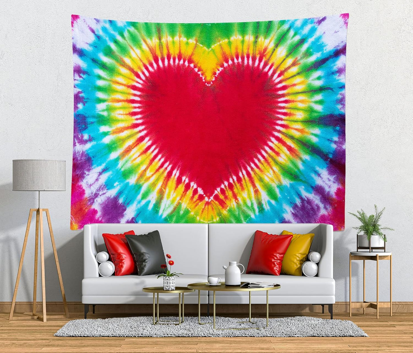 Loccor Colorful Tie Dye Tapestry Rainbow Heart Tie Dye Watercolor Wall Hanging Abstract Hippie Wall Decor LBGT Party Supplies Home Bedroom Living Room Decor W80 xH60 inches