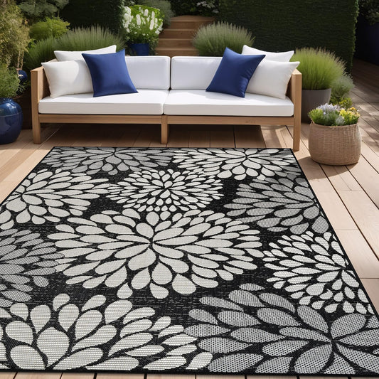 Beverly Rug Outdoor Rug 10x14 Modern Exotic Tropical Leaf Area Rugs for Indoor and Outdoor Patio Deck Porch Garden Water Resistant Washable Outside Carpet (10 x 14 Dark Gray)