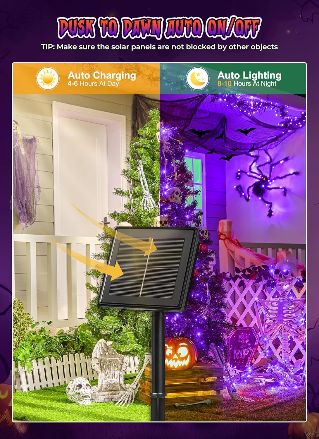 Brightown 2 Pack Halloween Solar String Lights Outdoor, Total 144Ft 400 LED Twinkle Fairy Lights Waterproof with 8 Modes Auto On/Off for Patio Tree Garden Party Home Decorations (Purple)