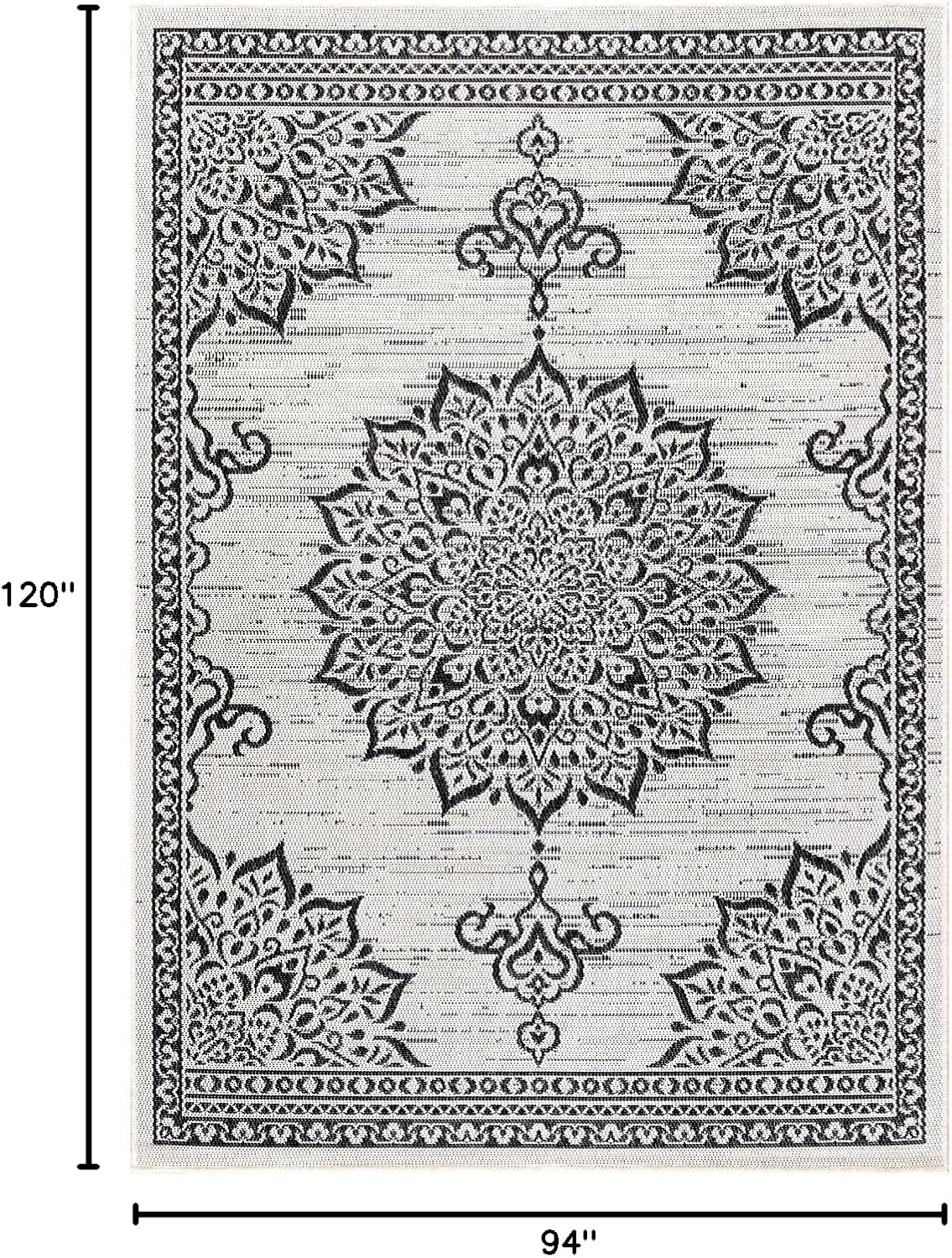 CAMILSON Outdoor Rug, 8x10 Medallion White Black Modern Area Rugs for Indoor and Outdoor Patios, Kitchen and Hallway Mats, Washable Porch Deck Outside Carpet (Medallion White, 8 x 10)