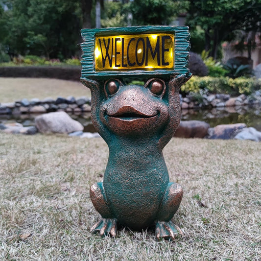 Frog Solar Welcome Garden Statues Outdoor Décor- Frog Figurines Solar LED Light Lawn Ornaments - Yard Decorations for Patio, Balcony, Backyard -Unique House Warming Gifts for Mom