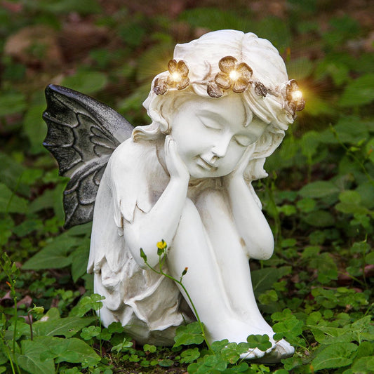Leekung Ivory White Resin Sculpture, Angel Figurine with Solar Powered Lights for Outdoor Decor, Garden Decorations & Memorial Gifts