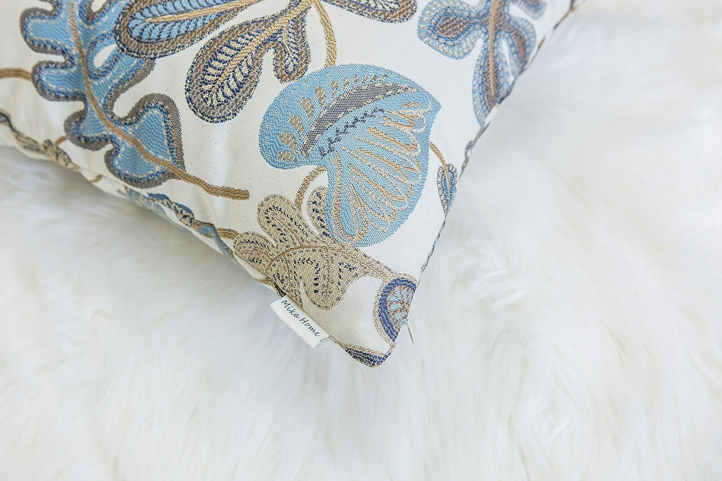 Set of 2 Jacquard Tropical Leaf Pattern Throw Pillow Covers Decorative Pillowcase 20X20 Inches,Blue Cream