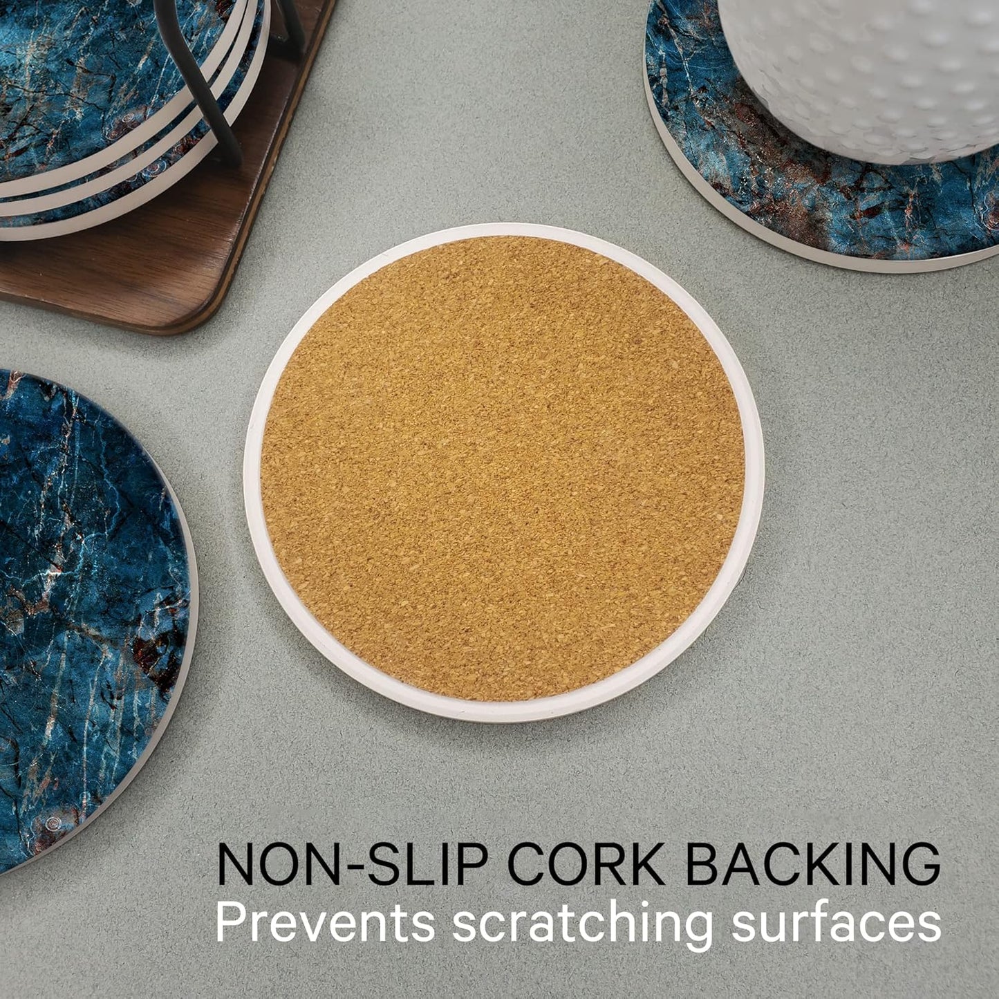 Emerson Coasters for Drinks Absorbent – Natural Stone Drink Coasters Set with Holder, Coasters for Coffee Table, Wooden Tabletop Protection Marble Style – 100% Heavy Duty Set of 6 (Deep Ocean)