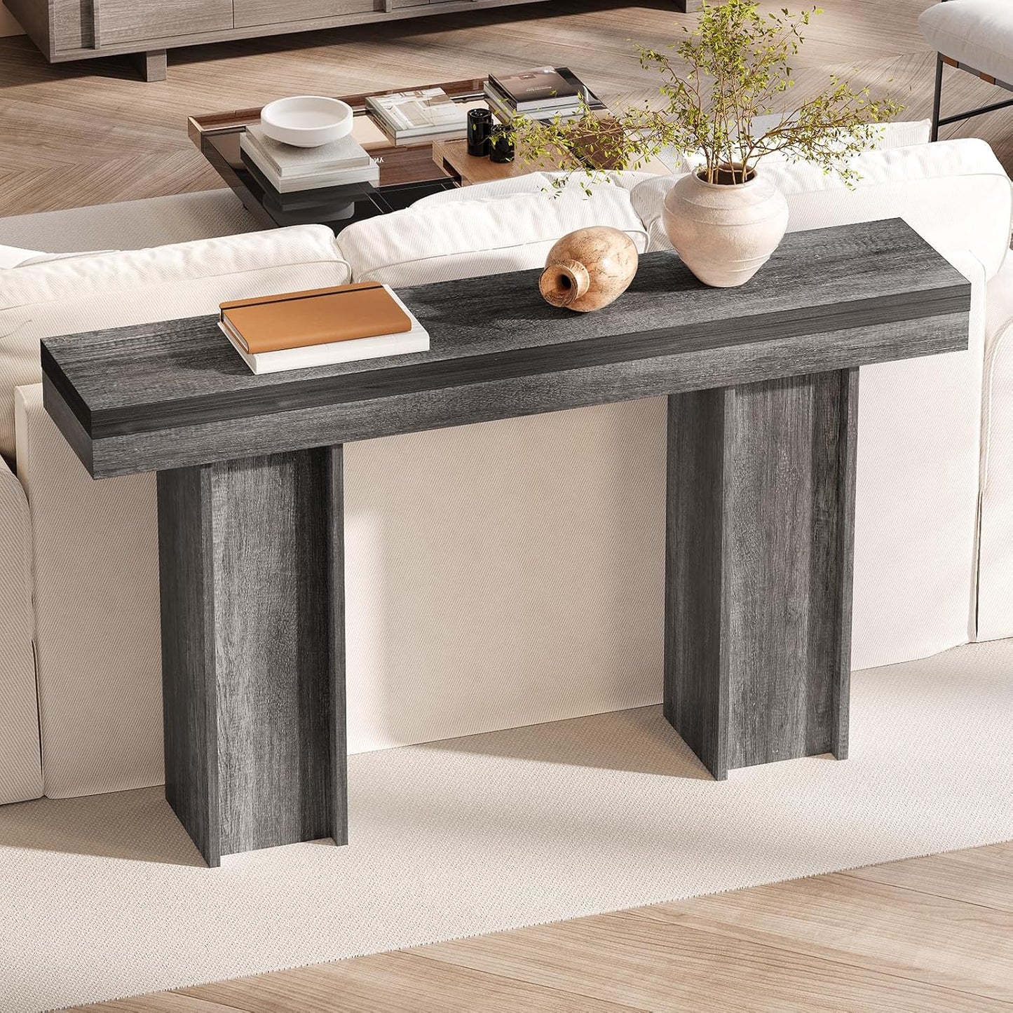 55Inch Farmhouse Console Table,Wooden Rectangular Sofa Table Behind The Couch,Entryway Console Table with Storage for Living Room, Hallway,Entrance (Grey)