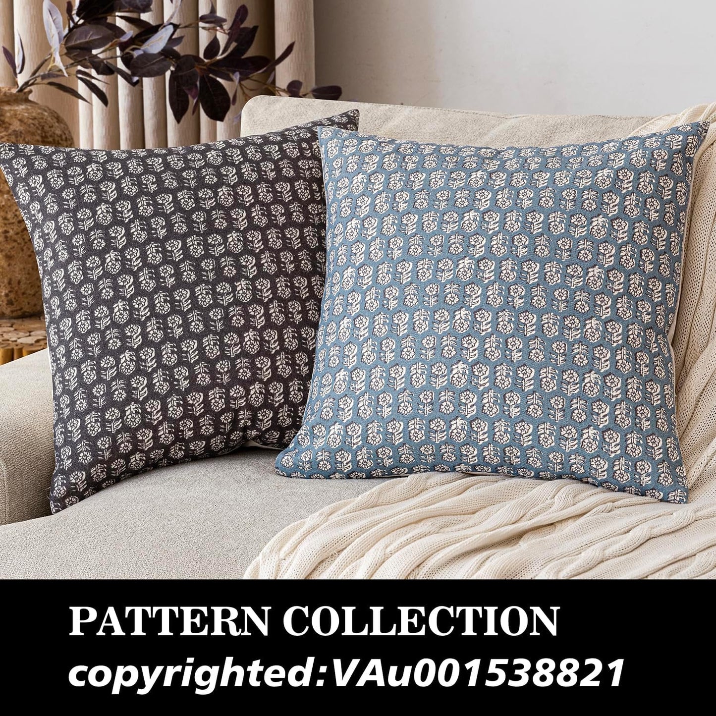 Foindtower Set of 2 Decorative Vintage Floral Print Throw Pillow Covers Neutral Modern Farmhouse Cushion Covers Boho Home Decor for Sofa Couch Chair Bedroom Living Room Outdoor,20×20 Inch,Dusty Blue