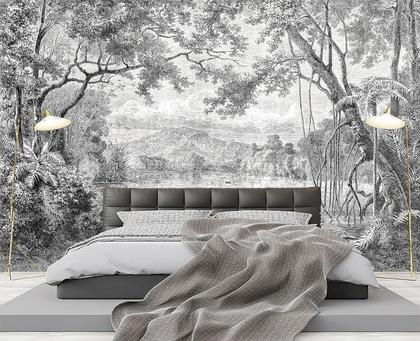 Black and White Tropical Rainforest Wall Mural Wallpaper for Bedroom 137" x 100"