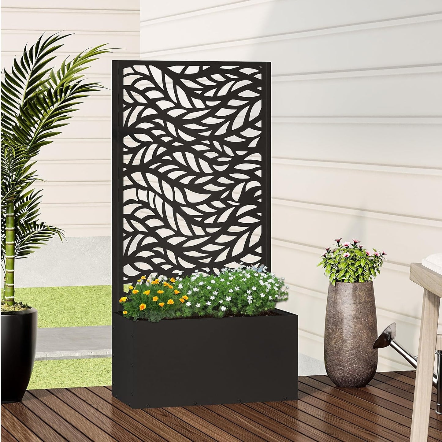 Casaphoria Metal Raised Garden Bed with Trellis and Wheels, 47"x24"x12" Planter Box for Climbing Plants, Vegetables & Vines, Features Drainage Holes and Privacy Screen (Black-Spring)