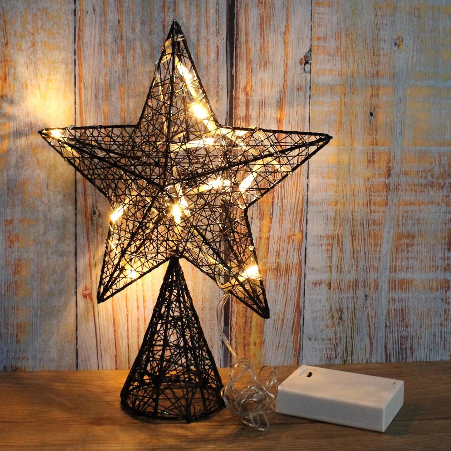 CVHOMEDECO. Black Tree Top Star with Warm White LED Lights and Timer for Christmas Tree Toppper Ornaments and Holiday Seasonal Décor, 8 x 10 Inch