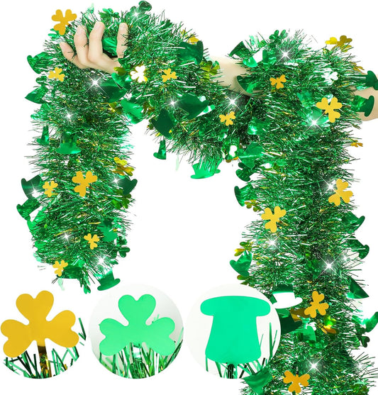 33 FT St Patricks Day Garland with Gold Green Shamrock Hat Tinsel Garland,Shiny Metallic Garlands St Patricks Day Decor for Home Indoor Outdoor St Patricks Party Supplies