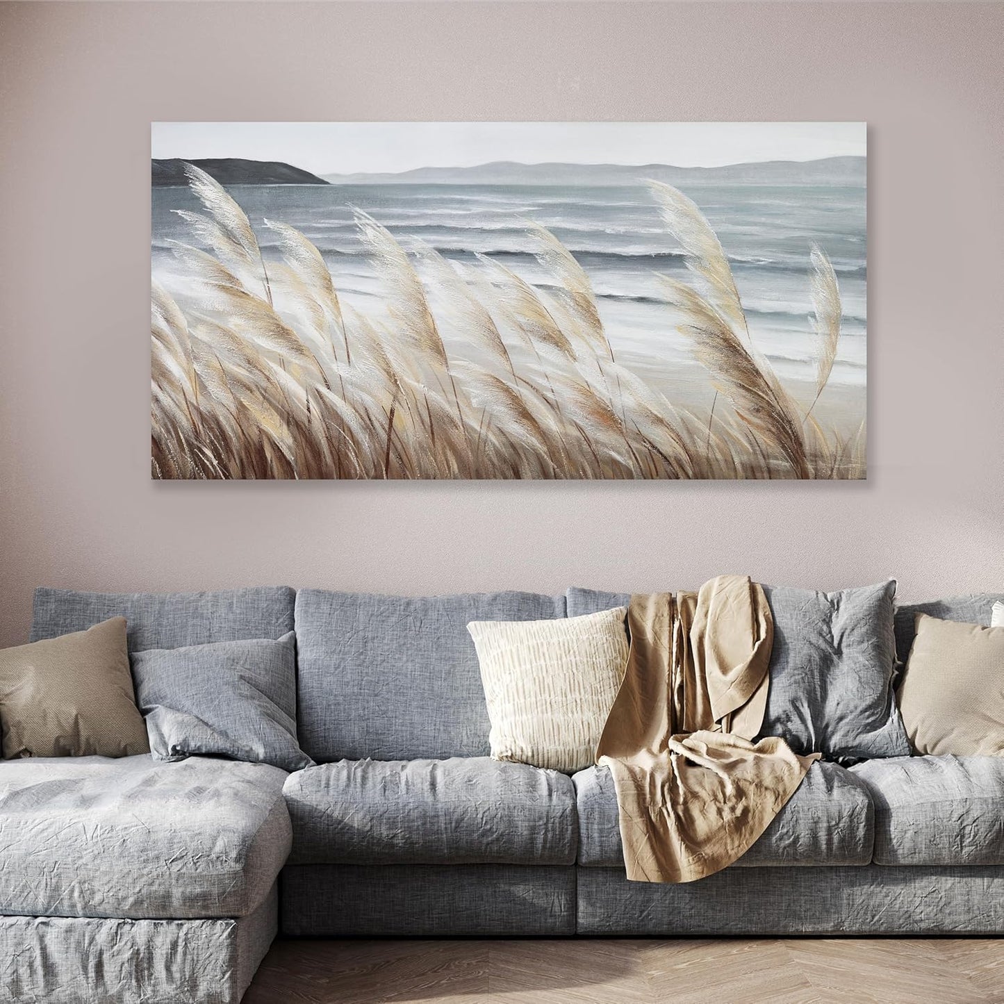 Plant Wall Art Nature Wall Art Reed Seascape Canvas Painting Wall Decor Framed Artwork for Bedroom Living Room Decoration Home Kitchen Office 29"x58"