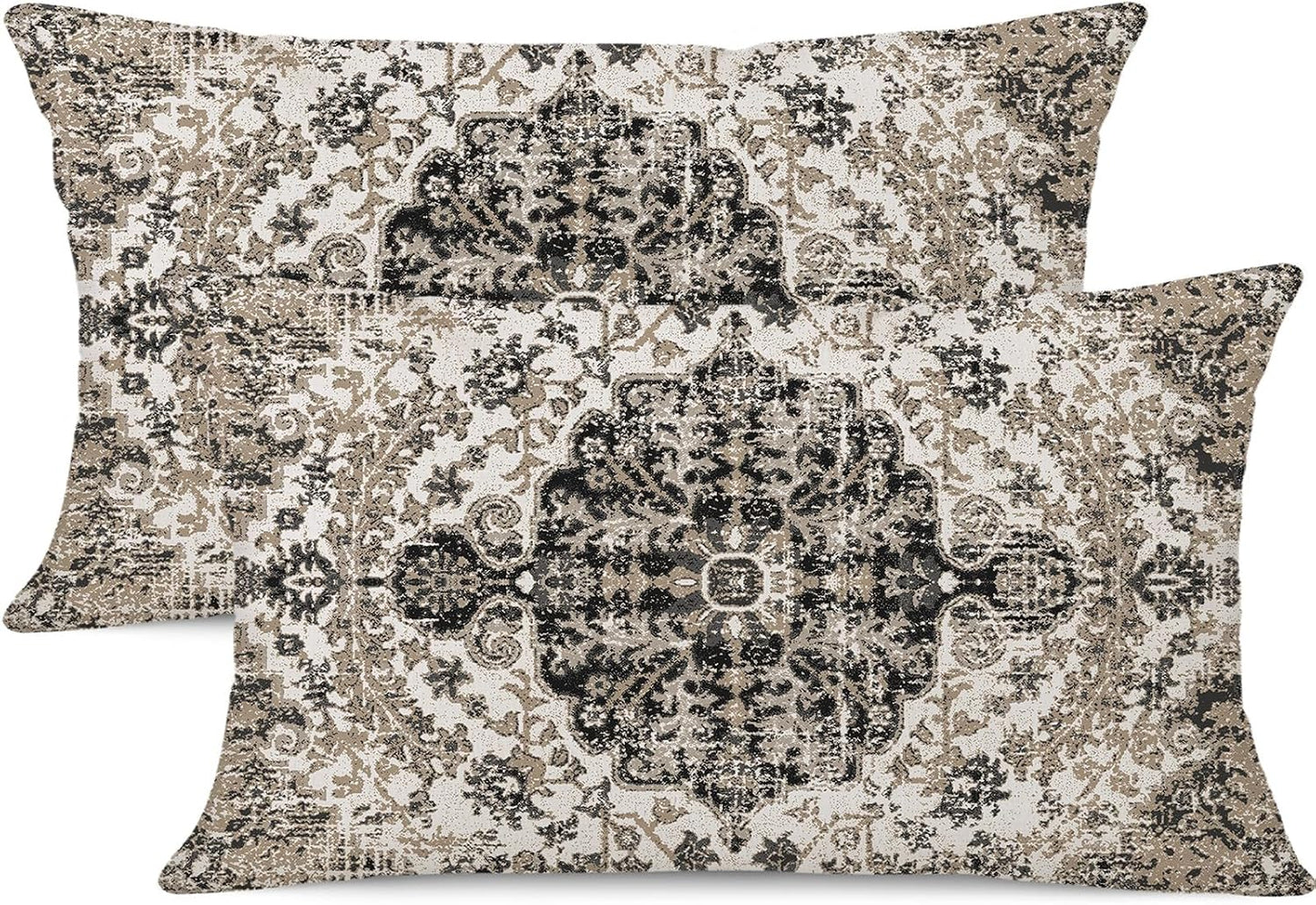 Waterproof Throw Pillow Covers 12X20 Inch Set of 2 Bohemian Vintage Carpet Pattern Black Grey Ethnic Design Decorative Farmhouse for Couch Garden Balcony (Boho-5-3)