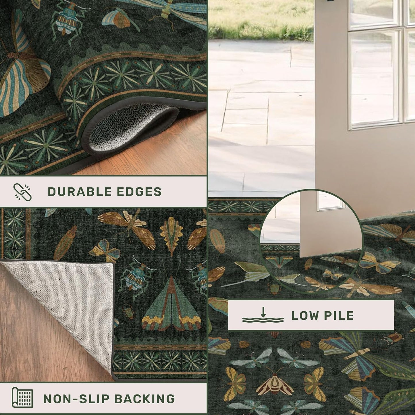 Dark Green Bug Area Rugs 8x10 for Living Room, Dining Room Under Table, Bedroom, Unique Washable Floral Non Slip Floor Insect Carpet with Butterfly, Bee, Moth, Dragonfly