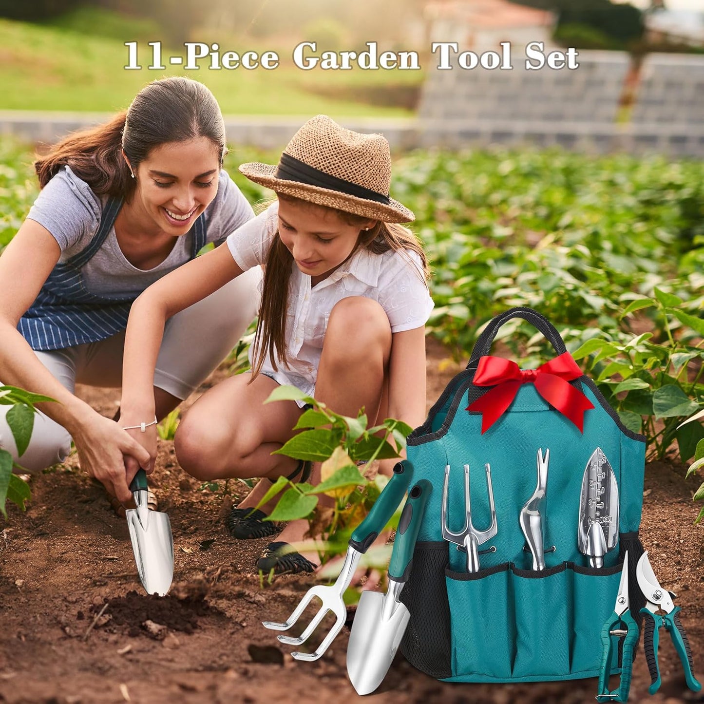 FiveJoy Garden Tool Set, 11 PCS Aluminum Gardening Hand Tools with Tote Bag, Ergonomic Handle, Gift for Women, Men, Mom, Dad, Garden Starter Kit