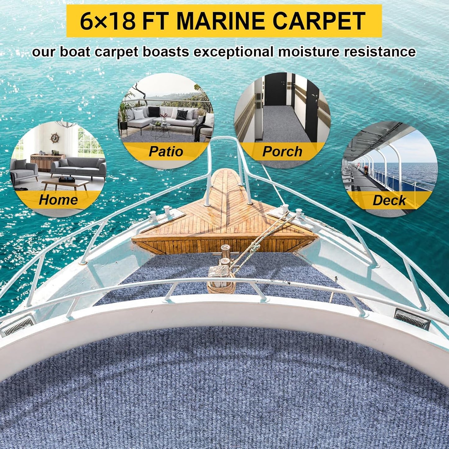 Marine Carpet,6 FT x 18 FT Blue-Gray Indoor Outdoor Carpet 0.2" Thick Boat Carpet with Water-Proof TPE Backing, Non-Slide Outdoor Marine Carpet Roll for Home, Patio, Porch, Deck