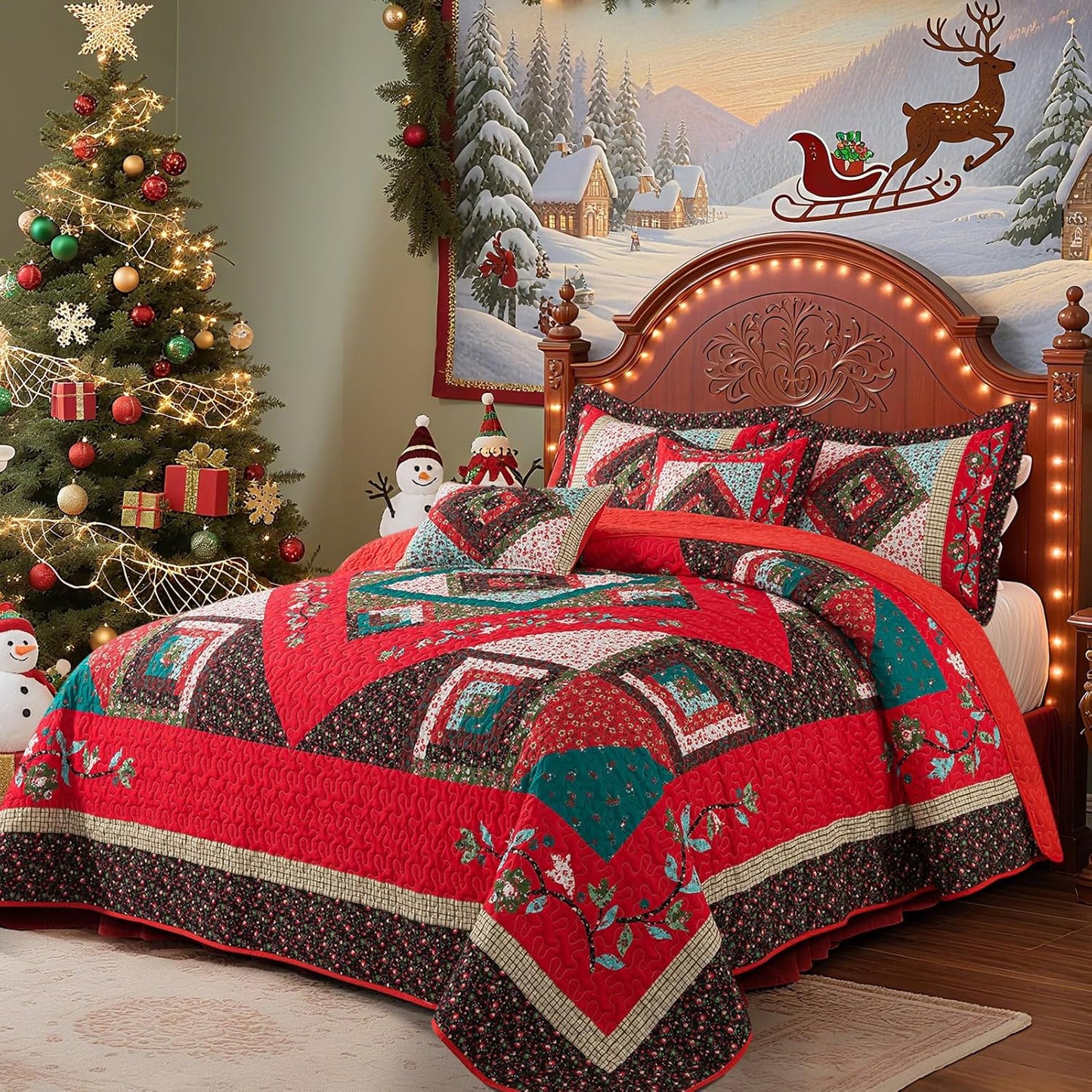 VAPUTAR Cotton King Quilt - Christmas King Size Quilt Bedding Set - Lightweight Farmhouse Bedspread with 2 Pillow Shams, 98x106 Inch All-Season Coverlet
